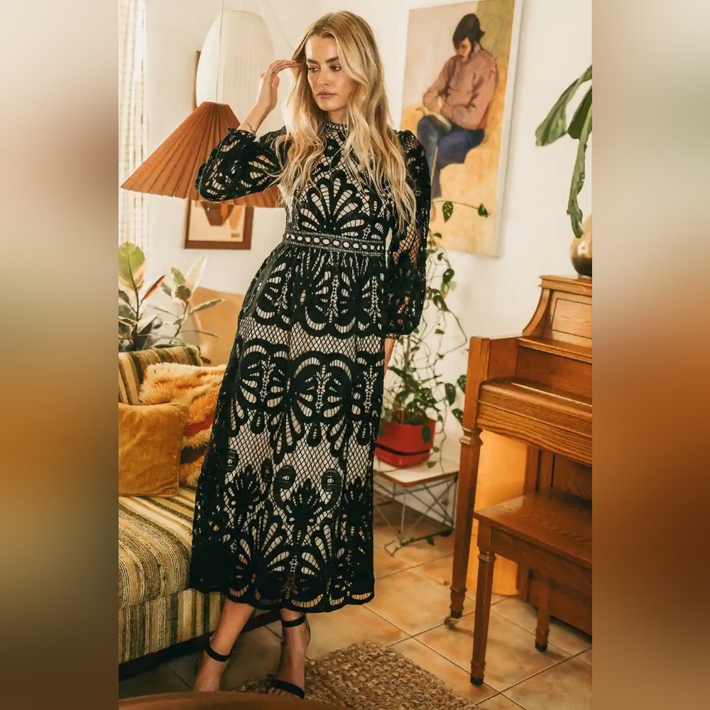 Bohme Geraldene Lace Embroidered black crochet midi dress L